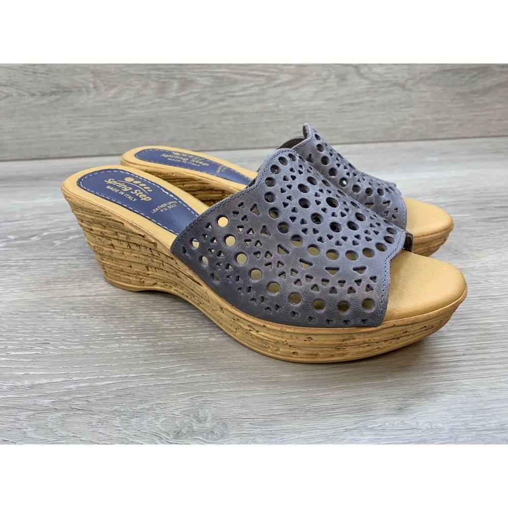 Spring‎ Step Women's Sandals Blue Laser Cut Leather Wedge 7 Casual Comfort Shoes